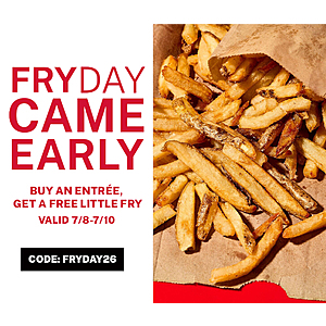 Five Guys Restaurants: Purchase Burger, Sandwich or Hot Dog, Receive Free Little Fries (valid July 8-10)