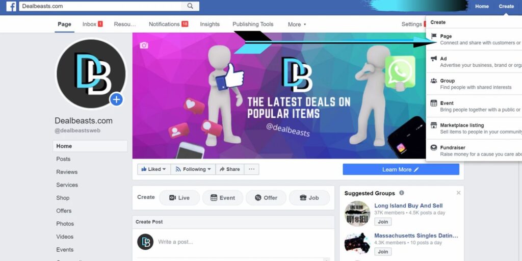 Facebook Create A New Page Preview Tutorial dealbeasts facebook page